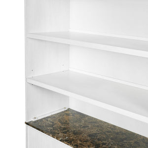 English Elm 91.1 Inch Tall Walnut Bookcase with Fluted Cabinet Doors and Faux Marble Accent Shelf White N763S000150K