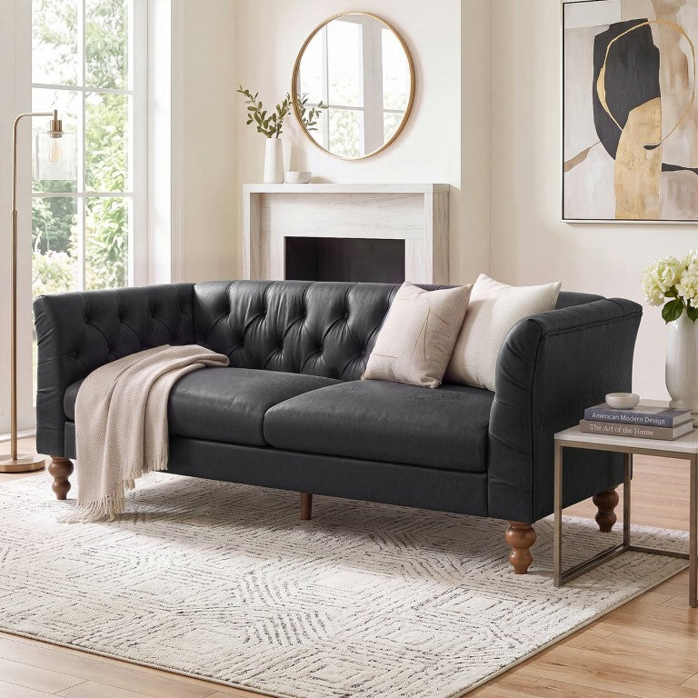 English Elm 73.5 Inch Chesterfield Sofa Tufted PU Upholstery Rubberwood Legs Living Room Couch Black N763S000160B