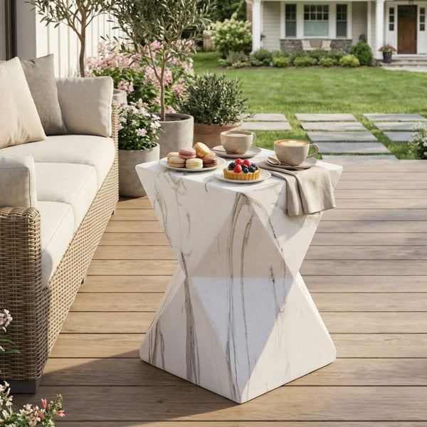 English Elm 18.5H Geometric MGO Accent Table Sculptural Hourglass Design for Indoor Outdoor Living White Marble N765P415936M