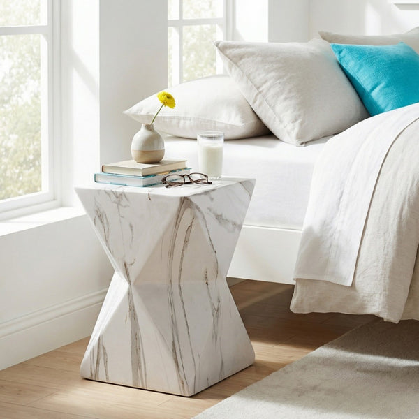 English Elm 18.5H Geometric MGO Accent Table Sculptural Hourglass Design for Indoor Outdoor Living White Marble N765P415936M