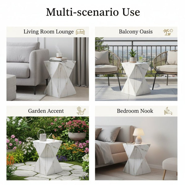 English Elm 18.5H Geometric MGO Accent Table Sculptural Hourglass Design for Indoor Outdoor Living White Marble N765P415936M