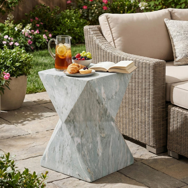 English Elm 18.5H Geometric MGO Accent Table Sculptural Hourglass Design for Indoor Outdoor Living Green Marble N765P415936N
