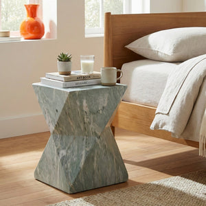 English Elm 18.5H Geometric MGO Accent Table Sculptural Hourglass Design for Indoor Outdoor Living Green Marble N765P415936N