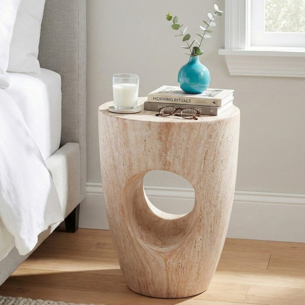 English Elm 19.29H Modern Round MGO Side Table Faux Marble Finish Cutout Sculptural Outdoor Indoor White Marble 14.96 x 14.96 x 19.29 inches N765P415942B
