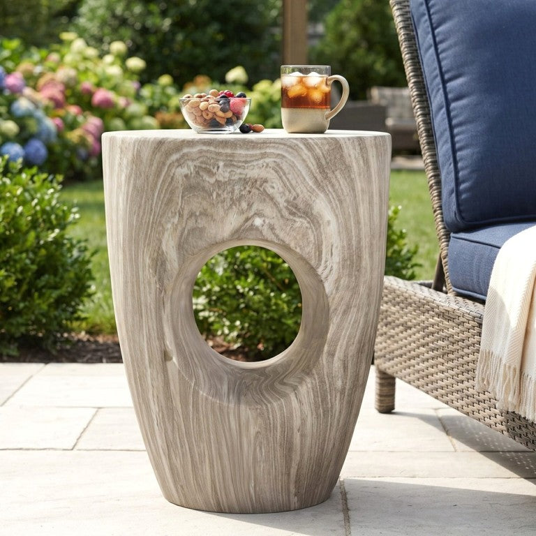 English Elm 19.29H MGO Round Side Table Faux Marble Finish Sculptural Cutout Indoor Outdoor Use N765P415942G