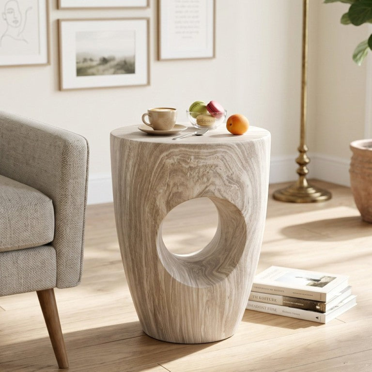 English Elm 19.29H MGO Round Side Table Faux Marble Finish Sculptural Cutout Indoor Outdoor Use N765P415942G