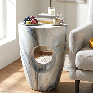 English Elm 19.29H Modern Round MGO Side Table Faux Marble Finish Cutout Sculptural Outdoor Indoor Blue Marble 14.96 x 14.96 x 19.29 inches N765P415942L