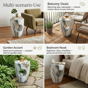 English Elm 19.29H Modern Round MGO Side Table Faux Marble Finish Cutout Sculptural Outdoor Indoor Blue Marble 14.96 x 14.96 x 19.29 inches N765P415942L
