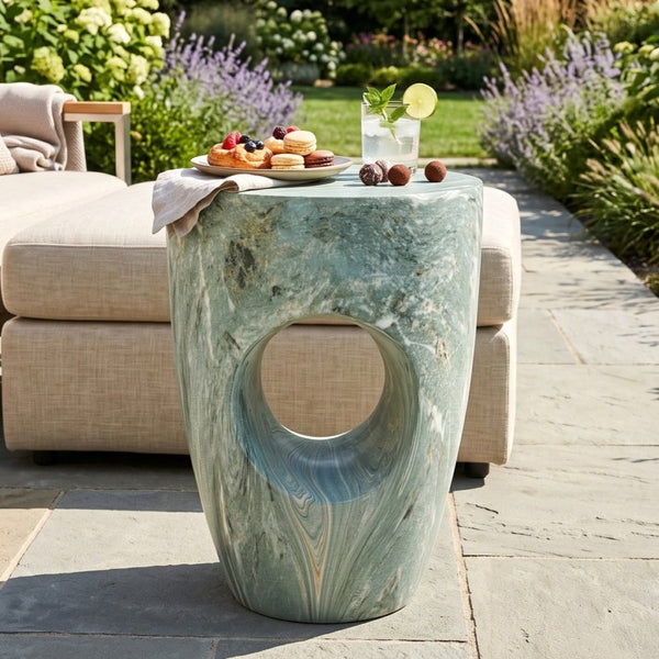 English Elm 19.29H Modern Round MGO Side Table Faux Marble Finish Cutout Sculptural Outdoor Indoor Green Marble 14.96 x 14.96 x 19.29 inches N765P415942N