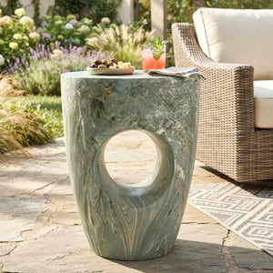 English Elm 19.29H Modern Round MGO Side Table Faux Marble Finish Cutout Sculptural Outdoor Indoor Green Marble 14.96 x 14.96 x 19.29 inches N765P415942N