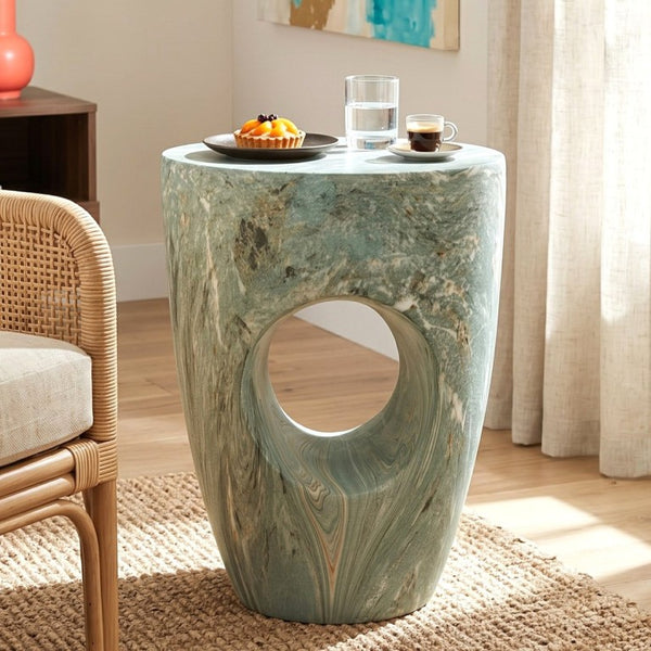 English Elm 19.29H Modern Round MGO Side Table Faux Marble Finish Cutout Sculptural Outdoor Indoor Green Marble 14.96 x 14.96 x 19.29 inches N765P415942N