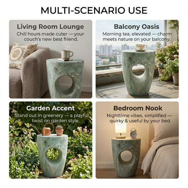English Elm 19.29H Modern Round MGO Side Table Faux Marble Finish Cutout Sculptural Outdoor Indoor Green Marble 14.96 x 14.96 x 19.29 inches N765P415942N