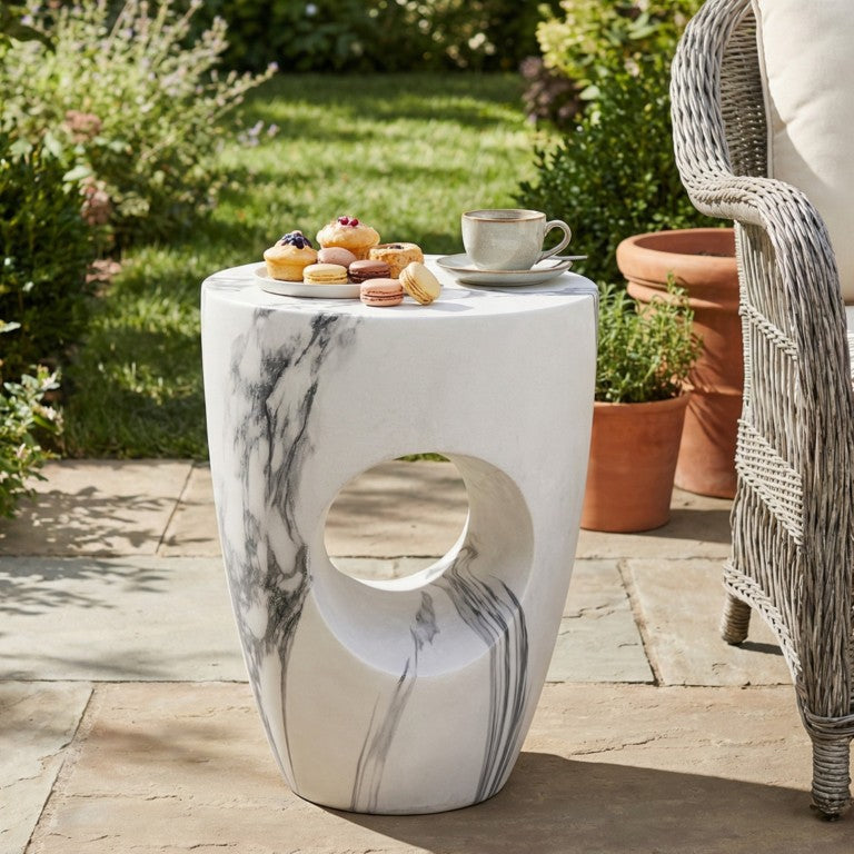 English Elm 19.29H Faux Marble MGo Round Accent Table Sculptural Cutout for Patio or Living Room N765P415942W