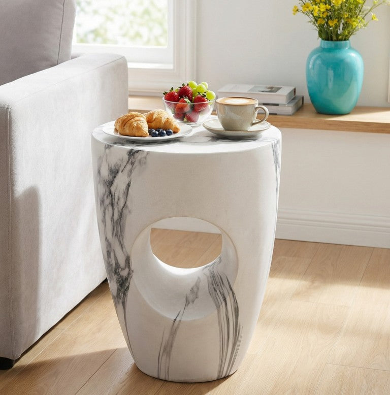 English Elm 19.29H Faux Marble MGo Round Accent Table Sculptural Cutout for Patio or Living Room N765P415942W