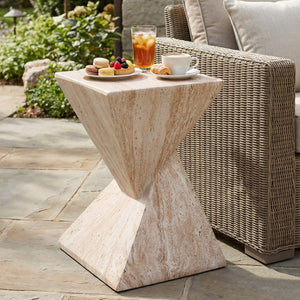 English Elm 18.5H Sculptural Fluted MGO Side Table Faux Stone Finish for Patio or Living Room Beige Marble N765P416051B