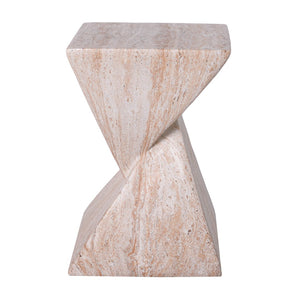English Elm 18.5H Sculptural Fluted MGO Side Table Faux Stone Finish for Patio or Living Room Beige Marble N765P416051B