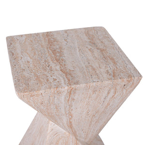 English Elm 18.5H Sculptural Fluted MGO Side Table Faux Stone Finish for Patio or Living Room Beige Marble N765P416051B