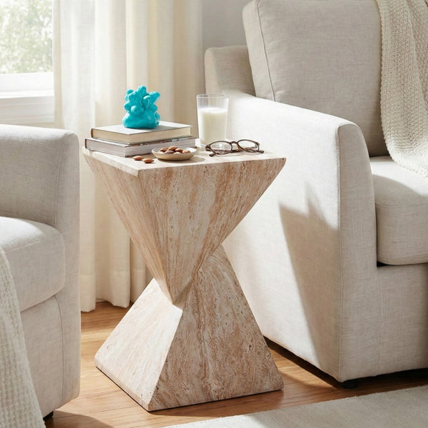 English Elm 18.5H Sculptural Fluted MGO Side Table Faux Stone Finish for Patio or Living Room Beige Marble N765P416051B