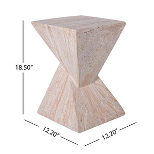 English Elm 18.5H Sculptural Fluted MGO Side Table Faux Stone Finish for Patio or Living Room Beige Marble N765P416051B