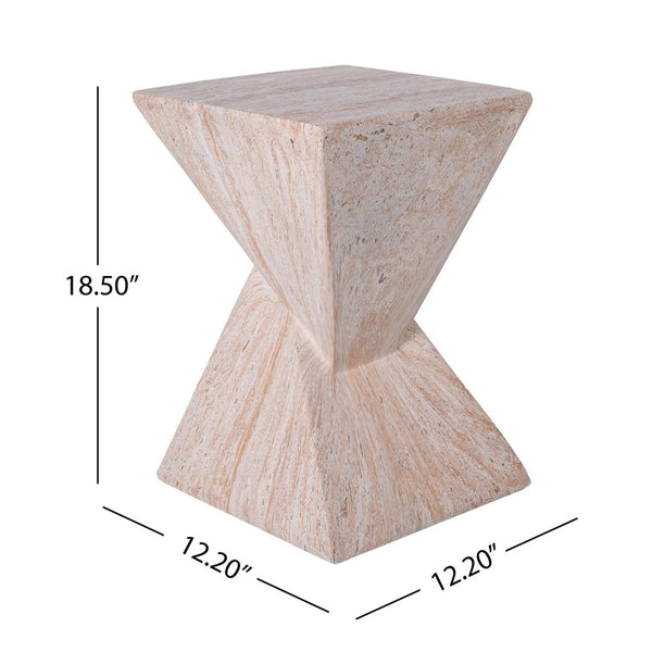 English Elm 18.5H Sculptural Fluted MGO Side Table Faux Stone Finish for Patio or Living Room Beige Marble N765P416051B