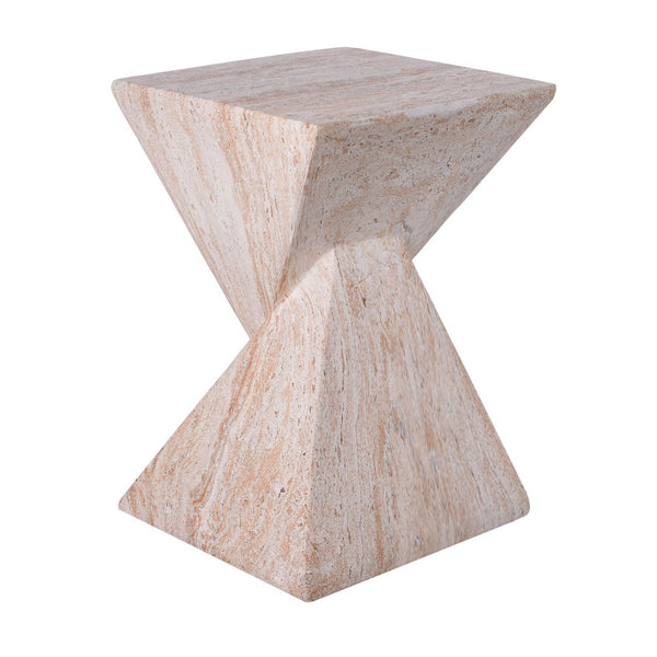 English Elm 18.5H Sculptural Fluted MGO Side Table Faux Stone Finish for Patio or Living Room Beige Marble N765P416051B