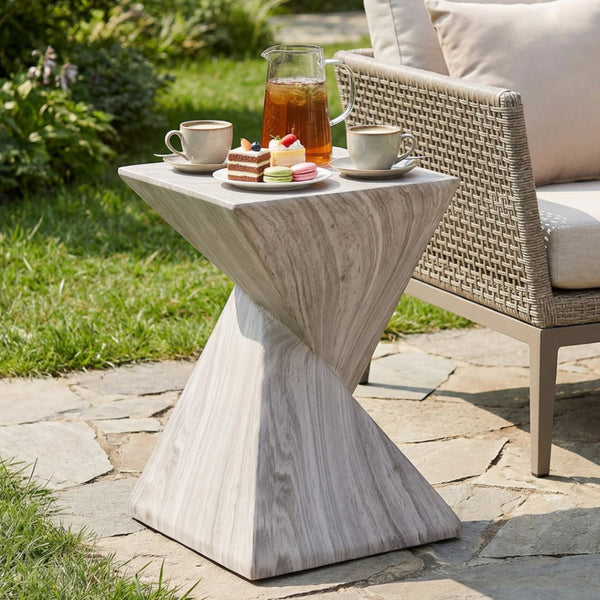 English Elm 18.5H Sculptural Fluted MGO Side Table Faux Stone Finish for Patio or Living Room Gray Marble N765P416051G