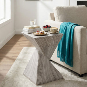 English Elm 18.5H Sculptural Fluted MGO Side Table Faux Stone Finish for Patio or Living Room Gray Marble N765P416051G