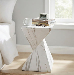 English Elm 18.5H Sculptural Fluted MGO Side Table Faux Stone Finish for Patio or Living Room White Marble N765P416051M