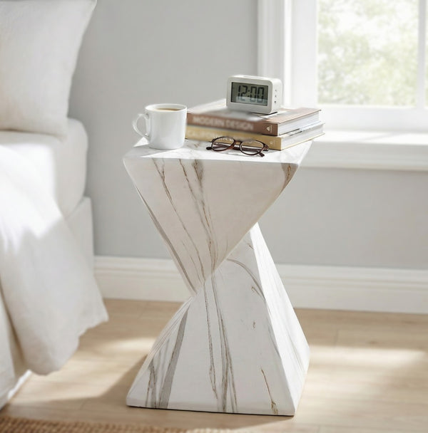 English Elm 18.5H Sculptural Fluted MGO Side Table Faux Stone Finish for Patio or Living Room White Marble N765P416051M