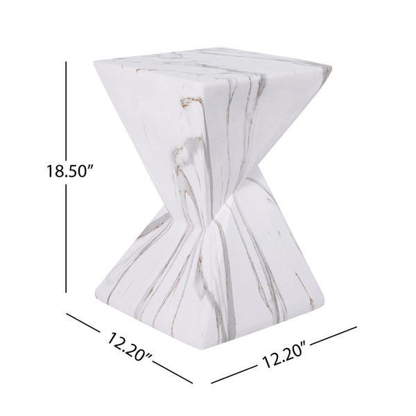 English Elm 18.5H Sculptural Fluted MGO Side Table Faux Stone Finish for Patio or Living Room White Marble N765P416051M