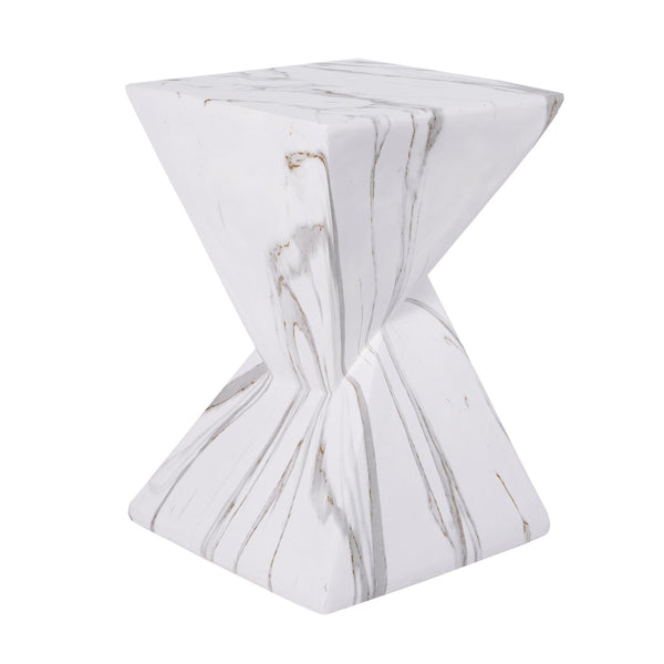 English Elm 18.5H Sculptural Fluted MGO Side Table Faux Stone Finish for Patio or Living Room White Marble N765P416051M