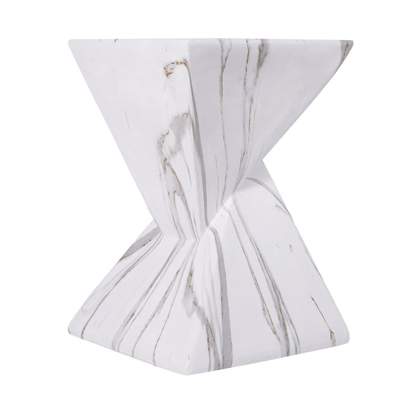 English Elm 18.5H Sculptural Fluted MGO Side Table Faux Stone Finish for Patio or Living Room White Marble N765P416051M