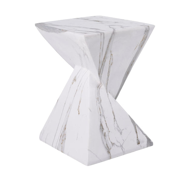 English Elm 18.5H Sculptural Fluted MGO Side Table Faux Stone Finish for Patio or Living Room White Marble N765P416051M