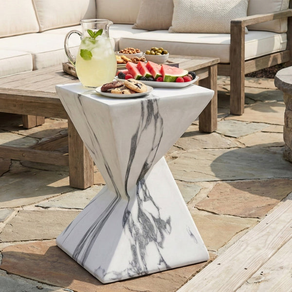 English Elm 18.5H Sculptural Fluted MGO Side Table Faux Stone Finish for Patio or Living Room Faux Marble N765P416051W