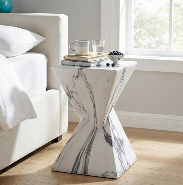English Elm 18.5H Sculptural Fluted MGO Side Table Faux Stone Finish for Patio or Living Room Faux Marble N765P416051W