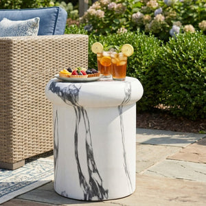 English Elm 18.11H MGO Sculptural Pedestal Table Faux Stone Finish Indoor Outdoor Round End Stool N765P416071W
