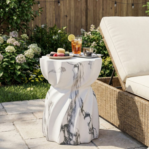 English Elm 19.29H Fluted Hourglass Faux Marble Outdoor Accent Table MGO Patio Poolside Decor N765P416080W