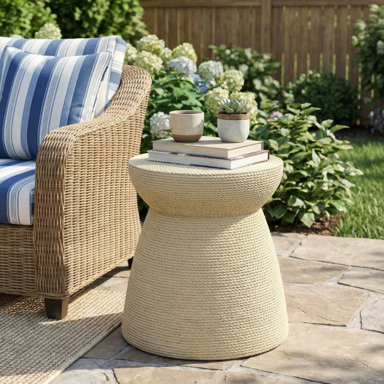 English Elm 16.73H Simulated Rattan MGO Side Table Hourglass Bohemian Coastal Accent Indoor Outdoor 14.76 x 14.76 x 16.73 inches N765P425434N