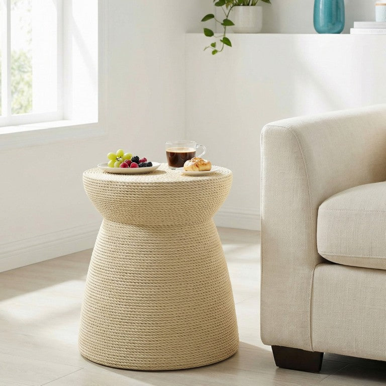 English Elm 16.73H Simulated Rattan MGO Side Table Hourglass Bohemian Coastal Accent Indoor Outdoor 14.76 x 14.76 x 16.73 inches N765P425434N