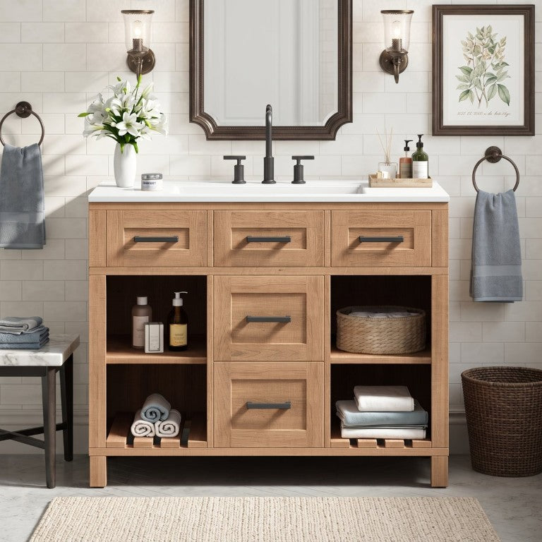 English Elm 36 Inch Freestanding Bathroom Vanity with SMC Sink Solid Wood Legs Natural Grain N765P434910B