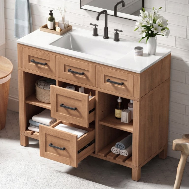 English Elm 36 Inch Freestanding Bathroom Vanity with SMC Sink Solid Wood Legs Natural Grain N765P434910B