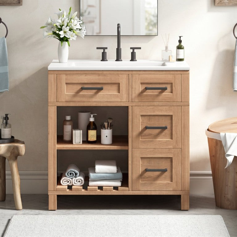 English Elm 30 Inch Freestanding Bathroom Vanity with SMC Sink Solid Wood Legs Natural Finish N765P435262B