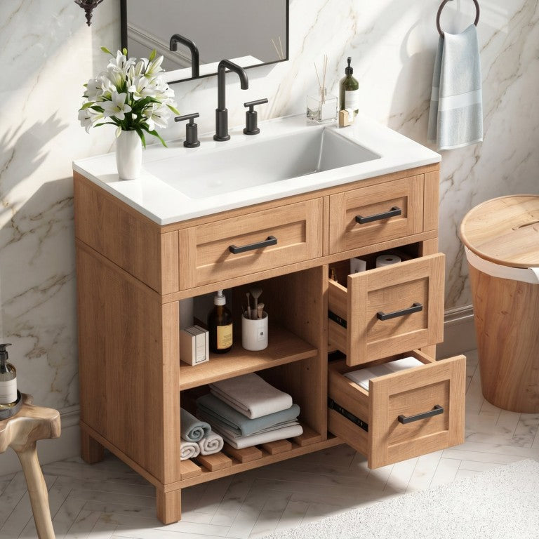 English Elm 30 Inch Freestanding Bathroom Vanity with SMC Sink Solid Wood Legs Natural Finish N765P435262B