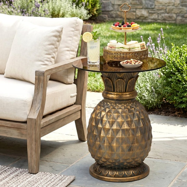 English Elm 23.62 Inch Pineapple Sculptural Side Table Tempered Glass Top Indoor Outdoor Accent N765P449527Y