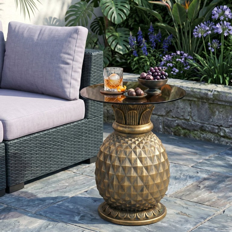 English Elm 23.62 Inch Pineapple Sculptural Side Table Tempered Glass Top Indoor Outdoor Accent N765P449527Y