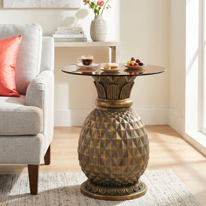 English Elm 23.62 Inch Pineapple Sculptural Side Table Tempered Glass Top Indoor Outdoor Accent N765P449527Y