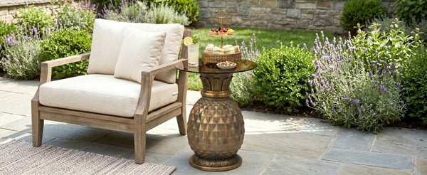 English Elm 23.62 Inch Pineapple Sculptural Side Table Tempered Glass Top Indoor Outdoor Accent N765P449527Y