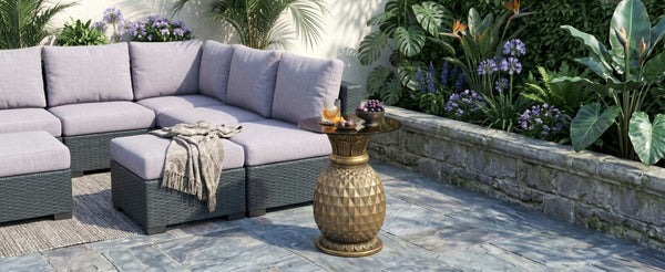English Elm 23.62 Inch Pineapple Sculptural Side Table Tempered Glass Top Indoor Outdoor Accent N765P449527Y