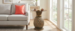 English Elm 23.62 Inch Pineapple Sculptural Side Table Tempered Glass Top Indoor Outdoor Accent N765P449527Y