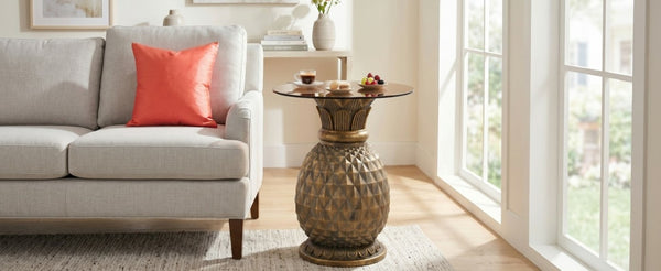 English Elm 23.62 Inch Pineapple Sculptural Side Table Tempered Glass Top Indoor Outdoor Accent N765P449527Y